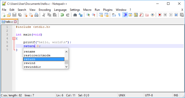 Notepad++ v6.9.2 on Windows 10, with «Hello World» source code in C programming language, with function name autocompletion.png